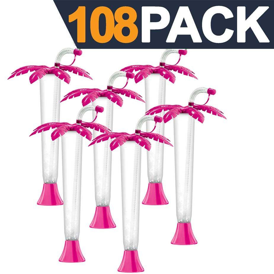 Sweet World USA Yard Cups 108 Palm Tree Luau Yard Cups (108 cups) - for Margaritas, Cold Drinks, Frozen Drinks, Kids Parties - 14 oz. (400 ml) - Pink Palm cups with lids and straws