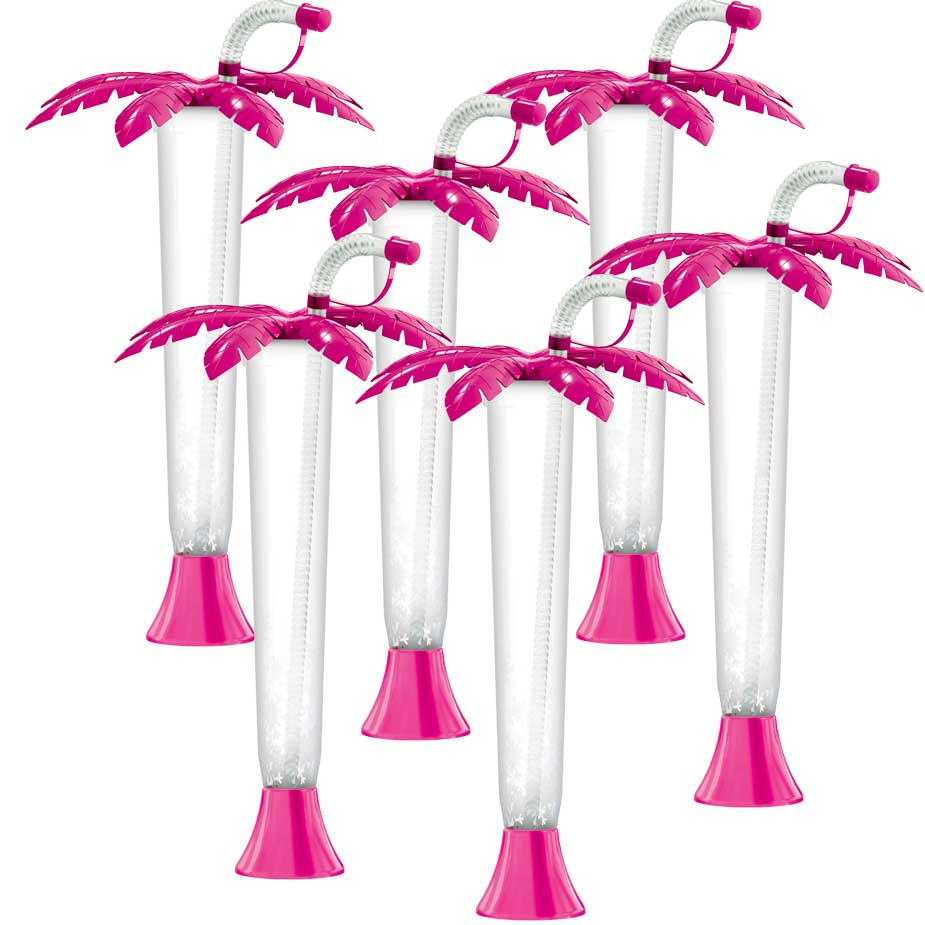 Sweet World USA Yard Cups 108 Palm Tree Luau Yard Cups (108 cups) - for Margaritas, Cold Drinks, Frozen Drinks, Kids Parties - 14 oz. (400 ml) - Pink Palm cups with lids and straws
