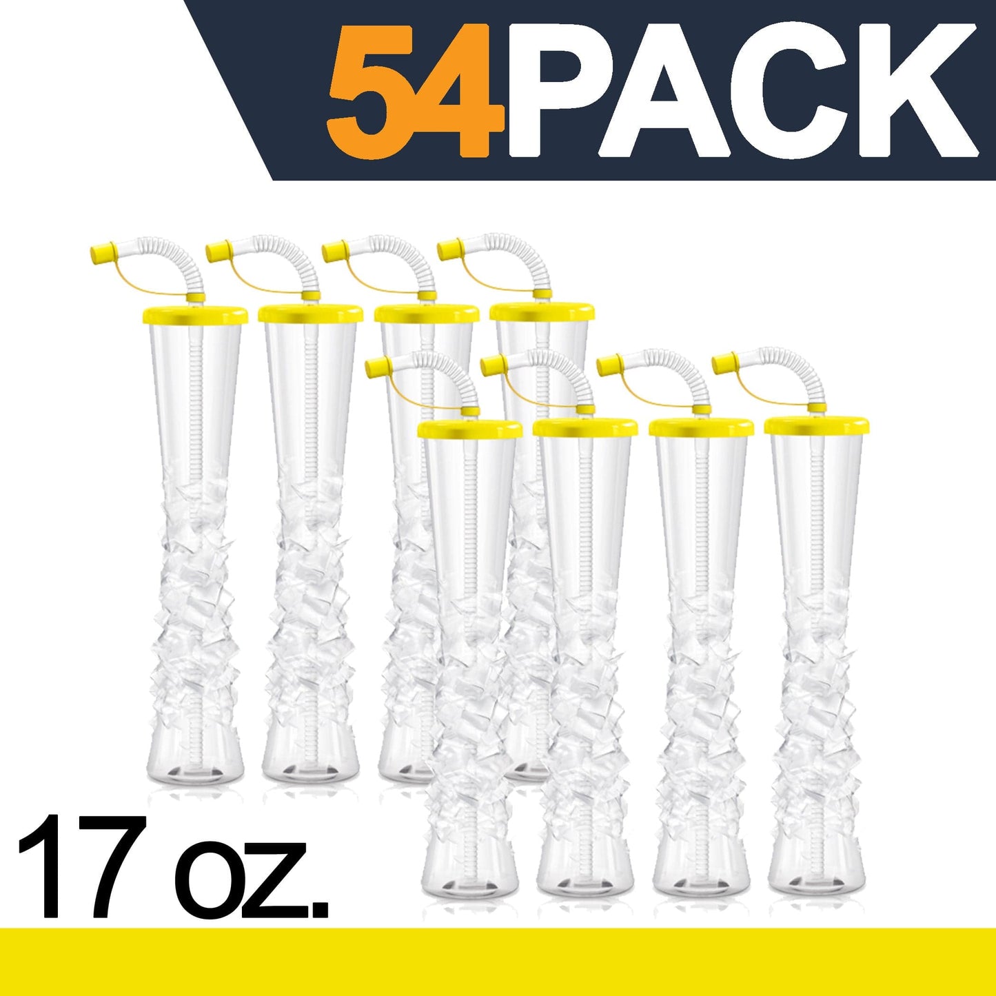 Sweet World USA Yard Cups Ice Yard Cups (54 Cups - Yellow) - for Margaritas and Frozen Drinks, Kids Parties - 17oz. (500ml) cups with lids and straws
