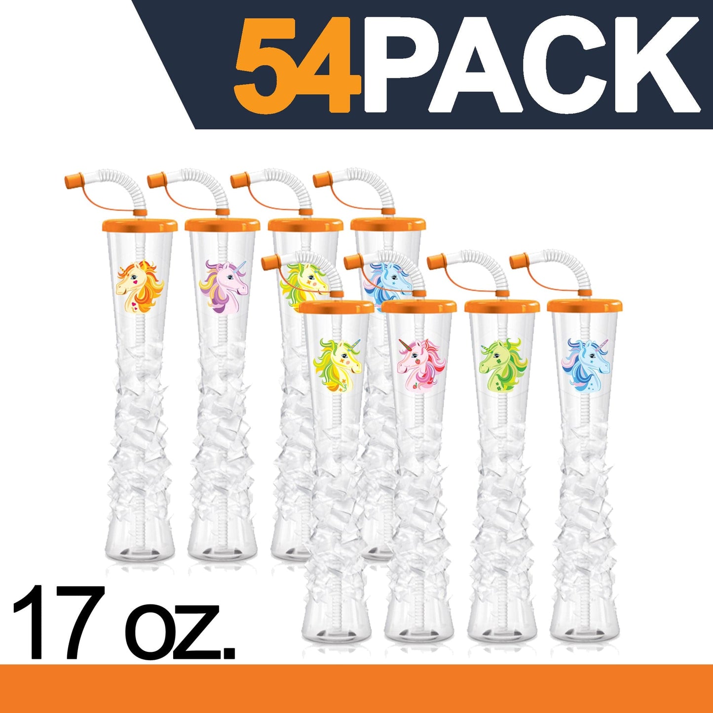Sweet World USA Yard Cups Orange with Unicorn Unicorn Ice Yard Cups (54 Cups - Red) - for Margaritas and Frozen Drinks, Kids Parties - 17oz. (500ml) cups with lids and straws