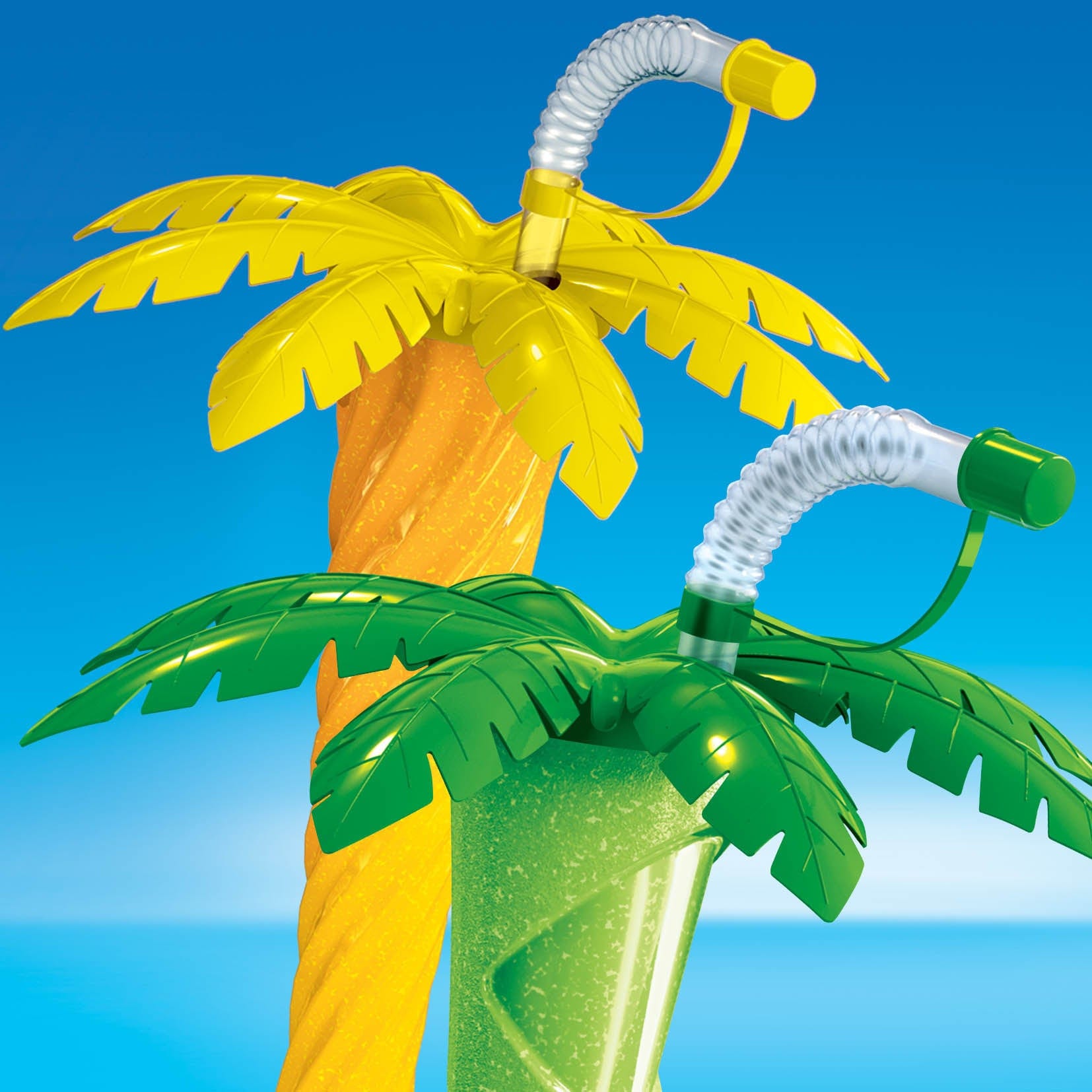 Sweet World USA Yard Cups Palm Tree Yard Cup - 17 oz. (Box of 54 Cups) - clear cup with Green and Yellow Palm Lids and Straws cups with lids and straws